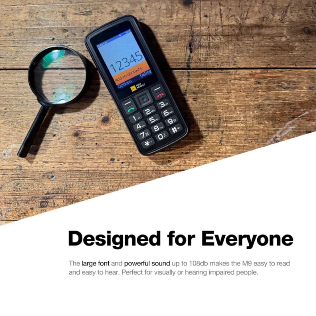 AGM M9 Rugged avec grand clavier et haut-parleur puissant jusqu'à 108 dB ; écran lisible, conception robuste et loupe illustrative