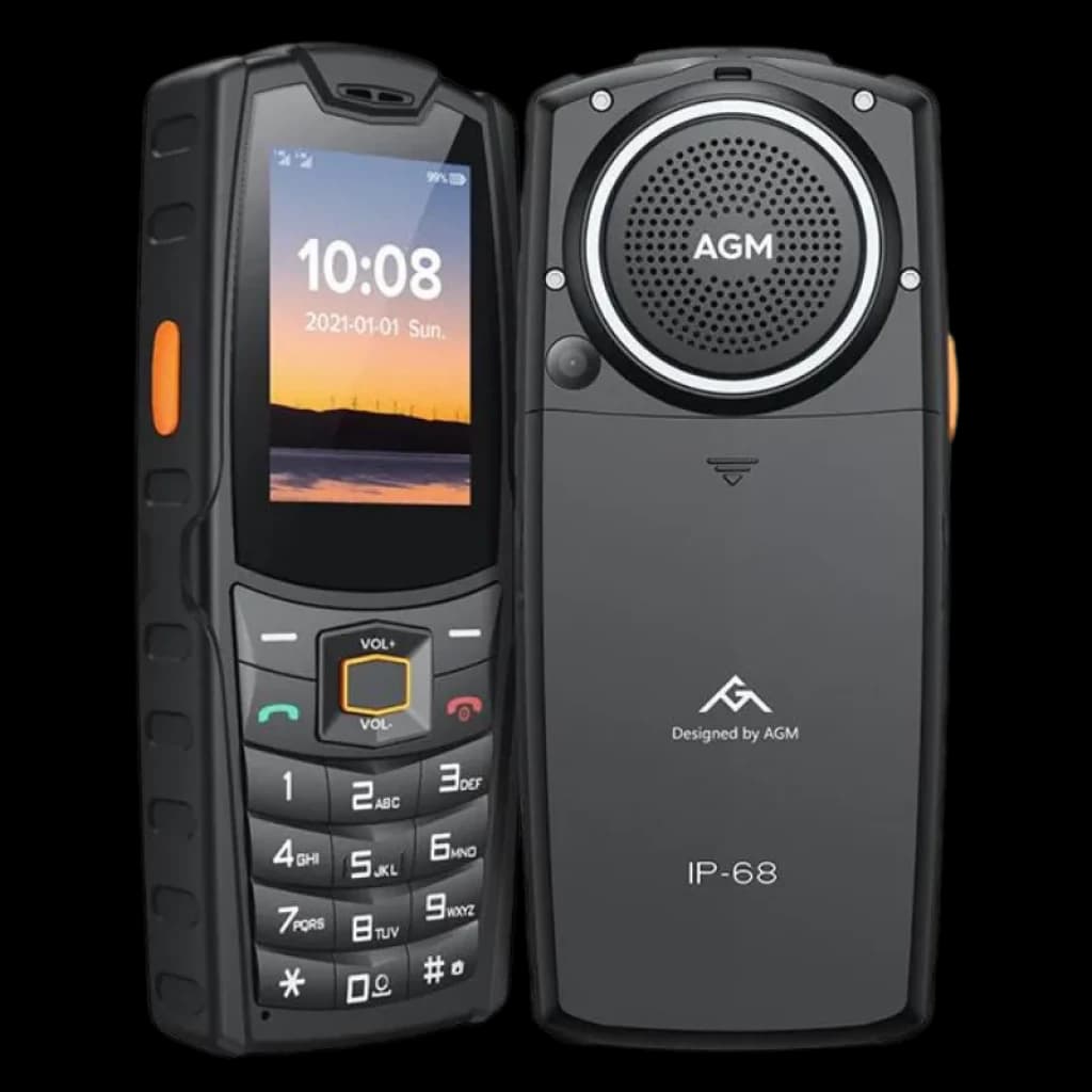 AGM M6 rugged con pantalla 2,4 pulgadas, 4G, batería 2500 mAh, gran altavoz 3,5W, teclado físico, cuerpo resistente IP68 en negro con detalles naranjas