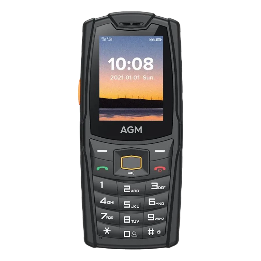 AGM M6 rugged con pantalla 2,4 pulgadas, 4G, batería 2500 mAh, gran altavoz 3,5W, teclado físico, cuerpo resistente IP68 en negro con detalles naranjas - Ítem1