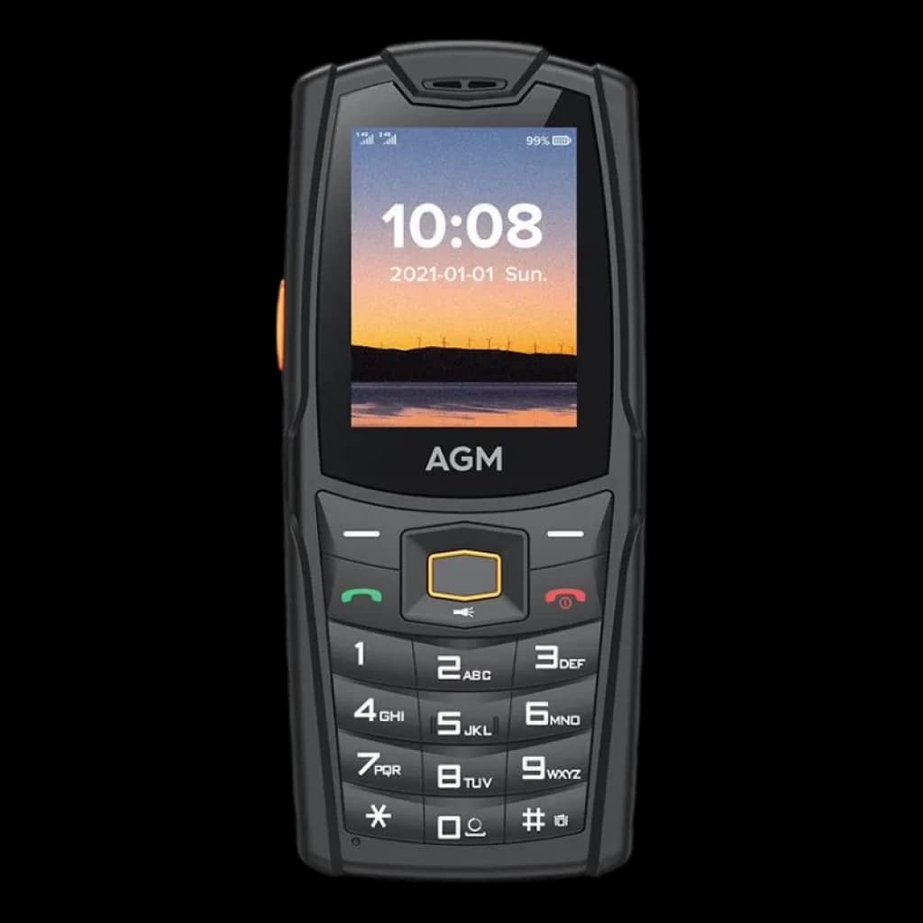 AGM M6, Altavoz 3,5W Rugged con pantalla pequeña, teclado físico grande, botón central amarillo y carcasa robusta negra