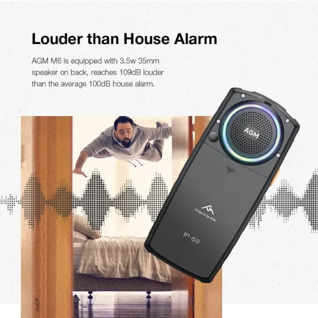 AGM M6 rugged con pantalla 2,4 pulgadas, 4G, batería 2500 mAh, gran altavoz 3,5W, teclado físico, cuerpo resistente IP68 en negro con detalles naranjas - Ítem6