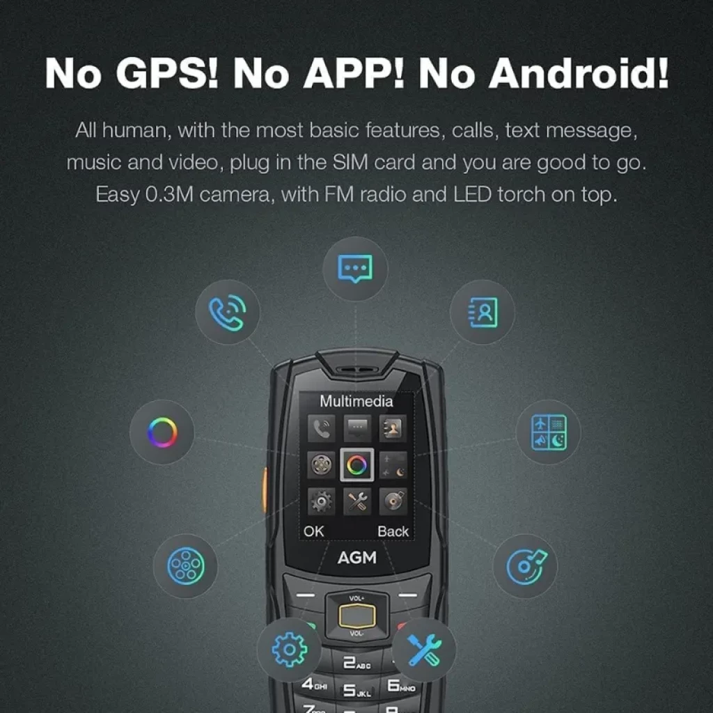 AGM M6 rugged con pantalla 2,4 pulgadas, 4G, batería 2500 mAh, gran altavoz 3,5W, teclado físico, cuerpo resistente IP68 en negro con detalles naranjas - Ítem8