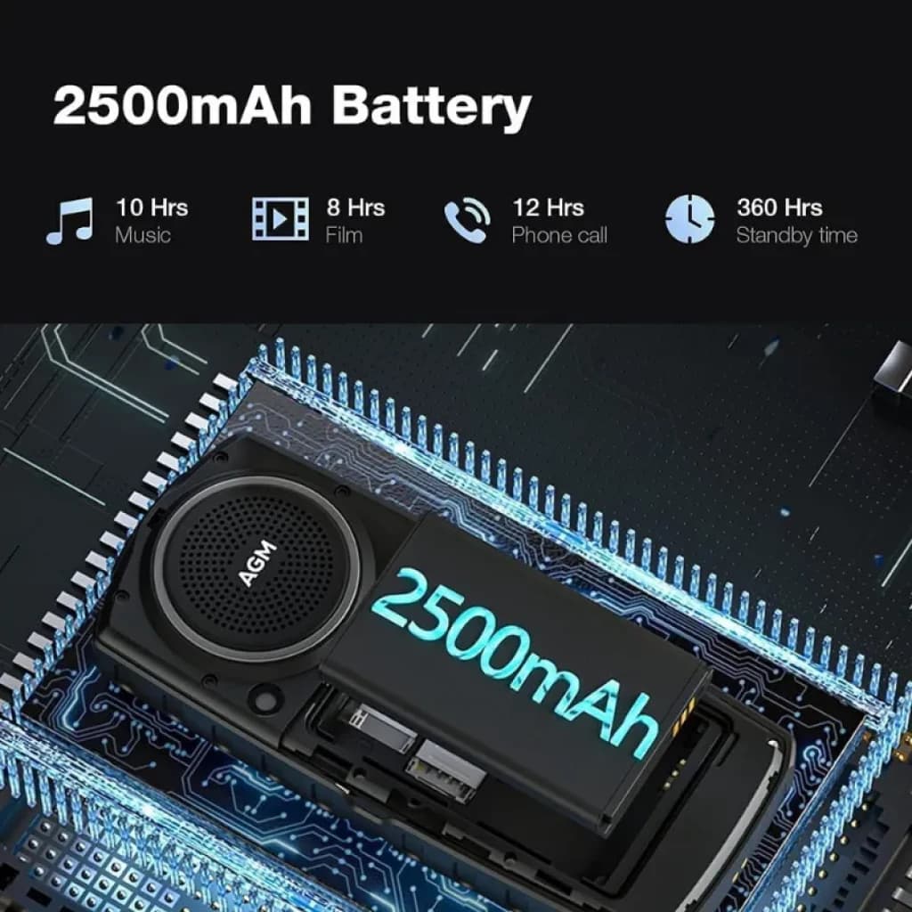 Batería de 2500 mAh para AGM M6, módulo interno con gran altavoz de 3,5 W. Íconos destacan 10 h música, 8 h video, 12 h llamadas y 360 h en espera