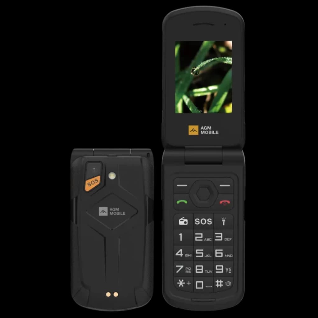 Teléfono plegable resistente AGM M10 con pantalla 2,4 pulgadas, teclas grandes, botón SOS destacado, carcasa robusta negra y cámara integrada en tapa