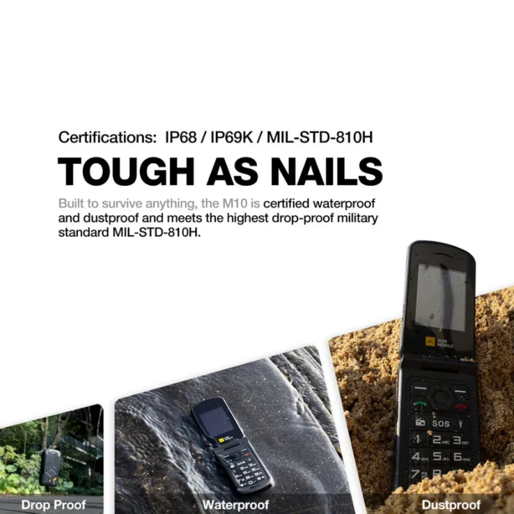 Teléfono plegable resistente AGM M10 con pantalla 2,4 pulgadas, teclas grandes, botón SOS destacado, carcasa robusta negra y cámara integrada en tapa - Ítem1