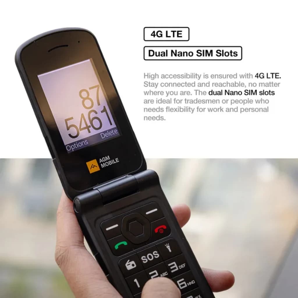 Teléfono plegable AGM M10 con pantalla de 2,4 pulgadas, 4G LTE, teclas grandes, botón SOS, doble SIM nano, batería 1200 mAh y diseño rugerizado antigolpes
