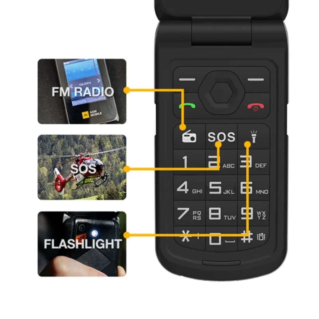 Teléfono plegable resistente AGM M10 con pantalla 2,4 pulgadas, teclas grandes, 4G, botón SOS destacado, linterna integrada y batería 1200 mAh