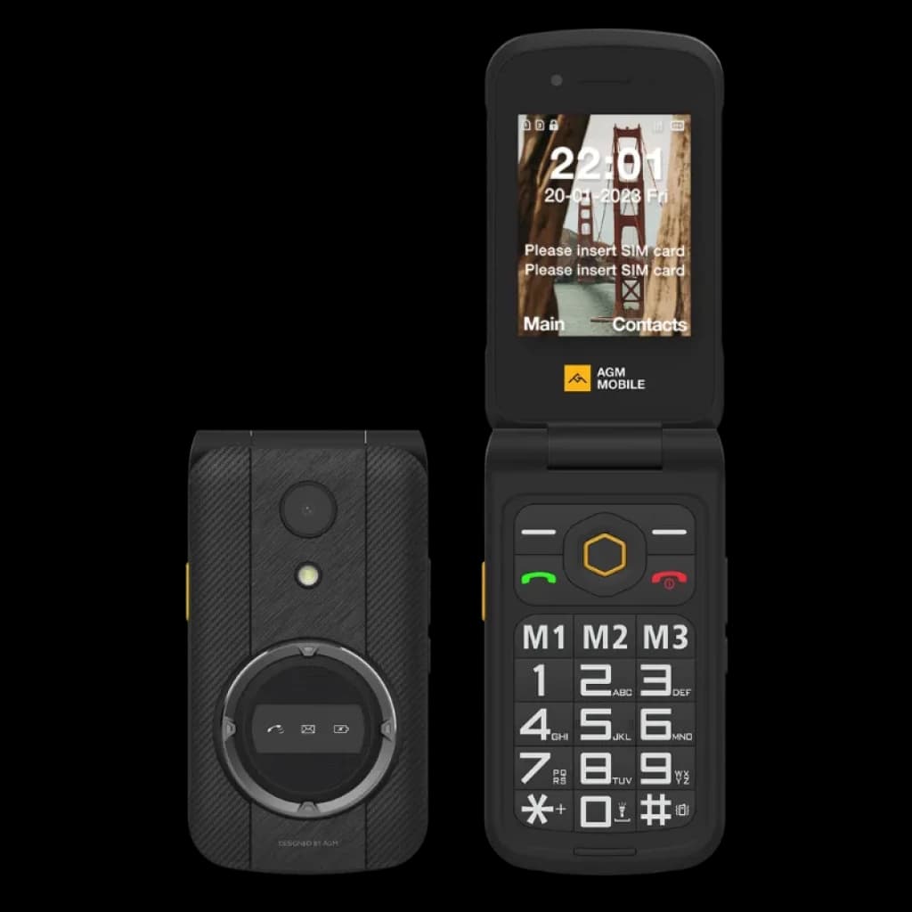 Teléfono plegable AGM M8 Flip 2,8 pulgadas 4G con cuerpo rugerizado, teclado grande iluminado, botón SOS naranja lateral y batería 1500 mAh