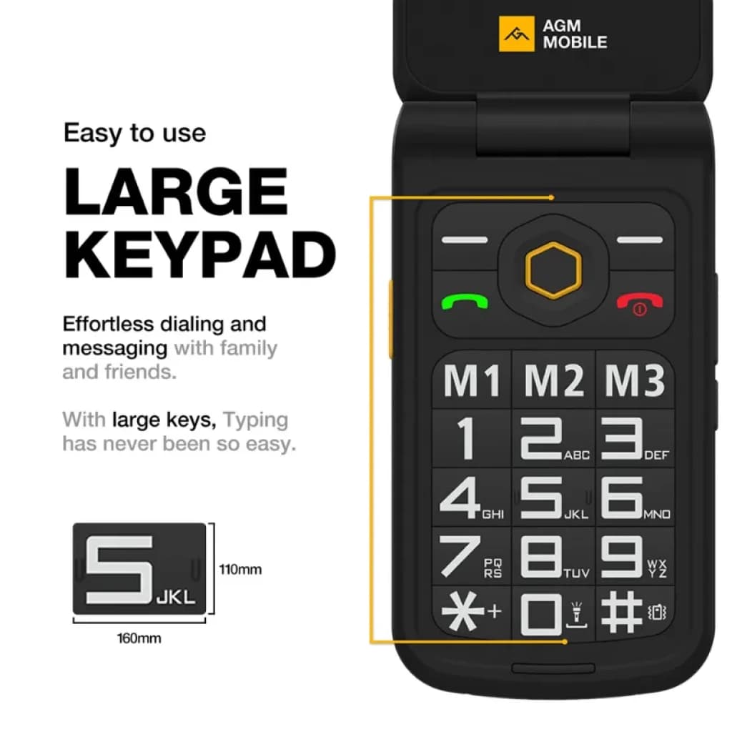 Teclado grande y numérico del AGM M8 Flip, teclas M1 a M3 dedicadas, botón central amarillo, diseño resistente, ideal para marcación fácil