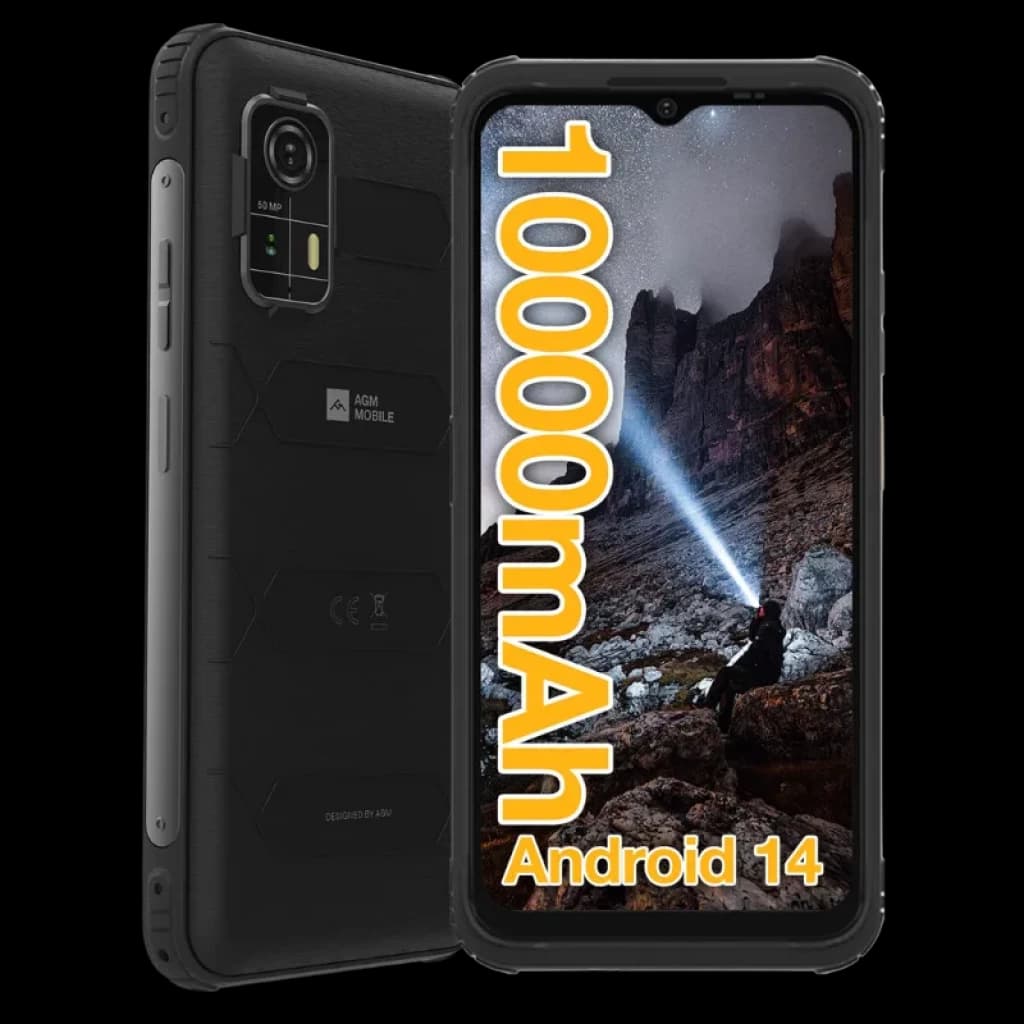 AGM H Max noir, 128 Go, 4 Go de RAM, batterie 10 000 mAh, Android 14, double caméra arrière avec flash, boîtier robuste avec bords renforcés