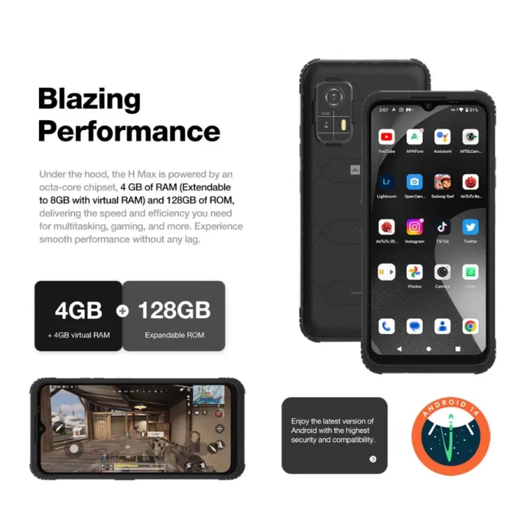Smartphone renforcé AGM H Max, écran Android, 4 Go de RAM + virtuelle, 128 Go