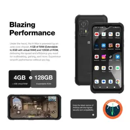 Smartphone renforcé AGM H Max, écran Android, 4 Go de RAM + virtuelle, 128 Go