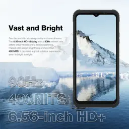 Smartphone robuste avec écran HD+ de 6,56 pouces, 90 Hz et 400 nits ; conception résistante avec bords renforcés et encoche en forme de goutte pour la caméra frontale