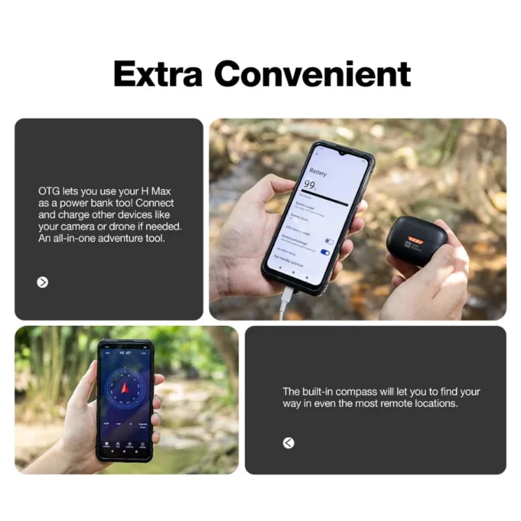 Smartphone résistant AGM H Max avec écran robuste, batterie 10 000 mAh utilisable comme batterie externe, port OTG, boussole intégrée et boîtier noir antichoc.