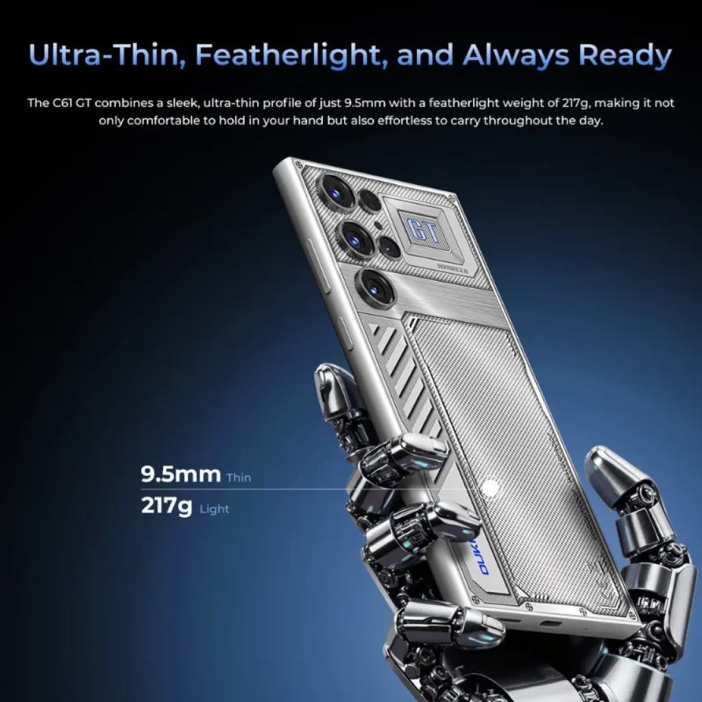 Oukitel C61 GT noir avec triple caméra arrière, module GT en relief et grand écran perforé avec bords fins et finition arrière texturée - Ítem2