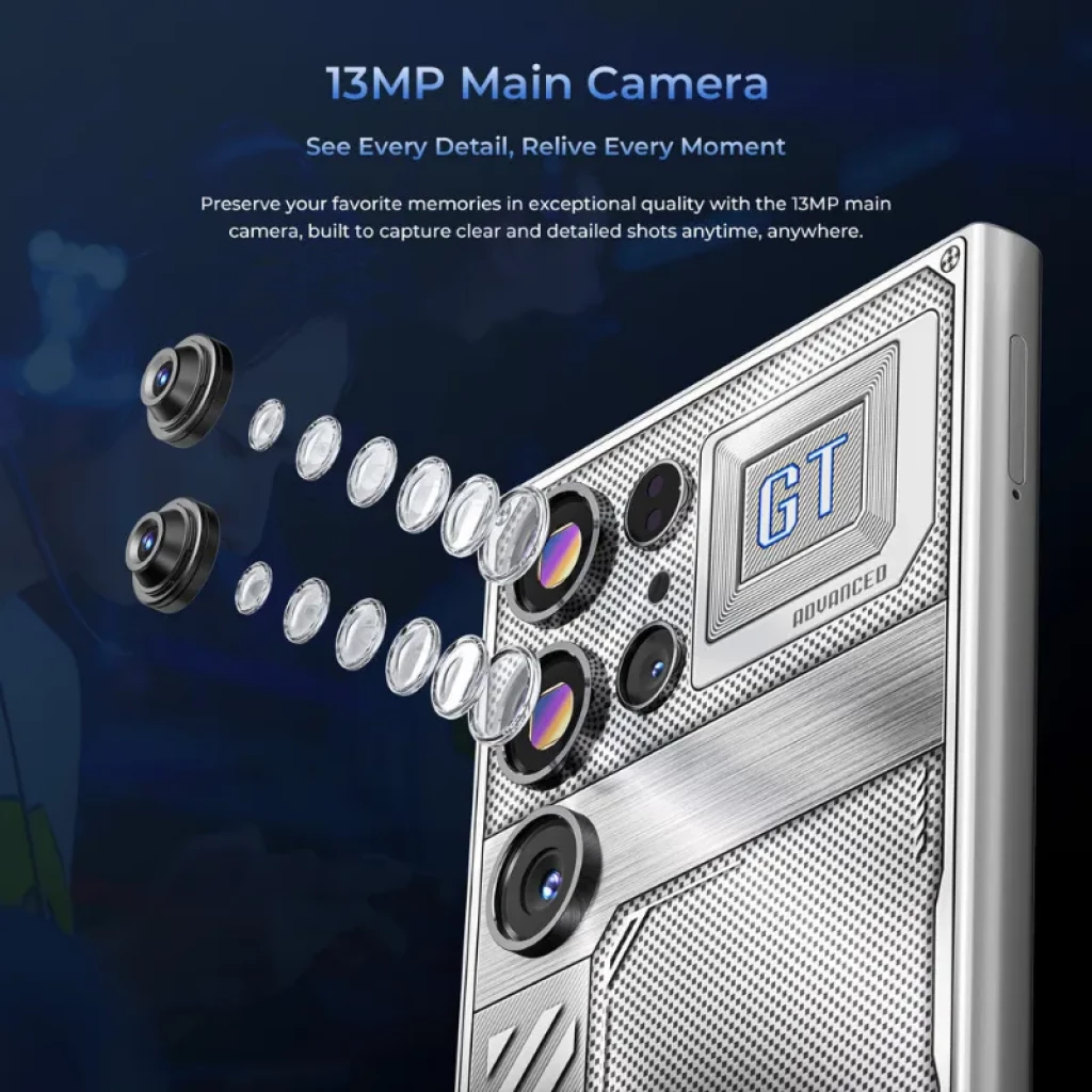 Oukitel C61 GT noir avec triple caméra arrière, module GT en relief et grand écran perforé avec bords fins et finition arrière texturée - Ítem4