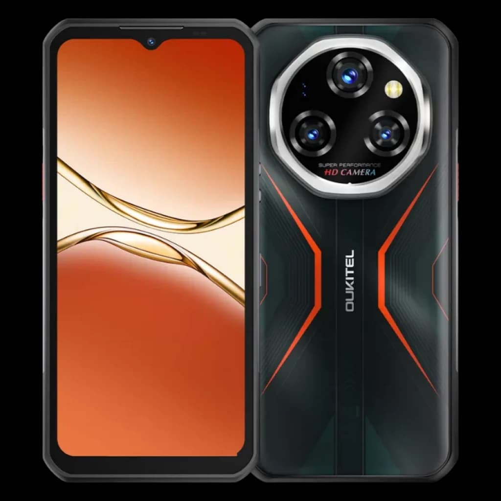 Smartphone robusto naranja con pantalla completa y módulo trasero circular de triple cámara y flash, diseño X texturizado y laterales con botones rojos