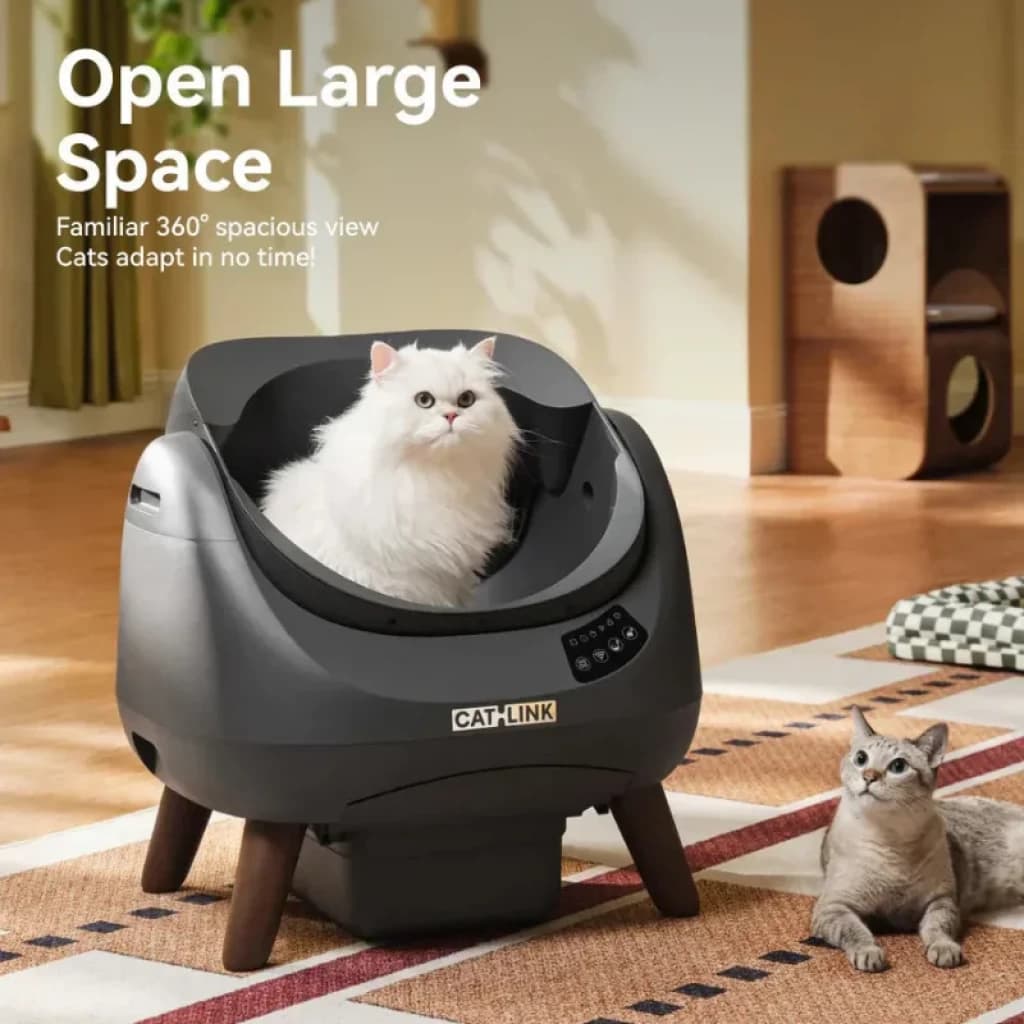 Catlink Open-X Blanco Con Tapa Abierta WiFi arenero autolimpiable gris oscuro con tambor abierto, panel de control, patas de madera y diseño espacioso 360°