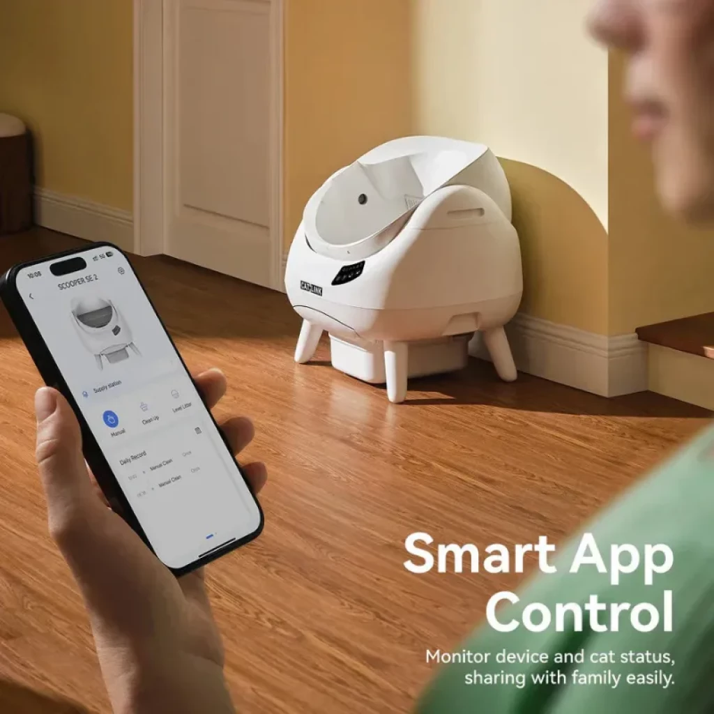 Bac à litière autonettoyant blanc avec couvercle ouvert, panneau de commande frontal, réservoir inférieur amovible et connectivité WiFi avec application mobile Catlink Open-X - Ítem5