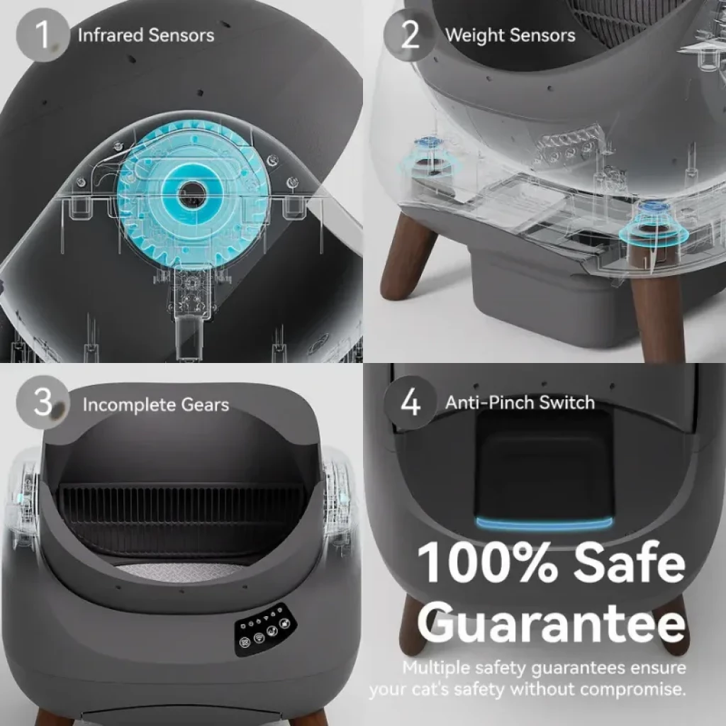 Bac à litière autonettoyant blanc avec couvercle ouvert, panneau de commande frontal, réservoir inférieur amovible et connectivité WiFi avec application mobile Catlink Open-X - Ítem6