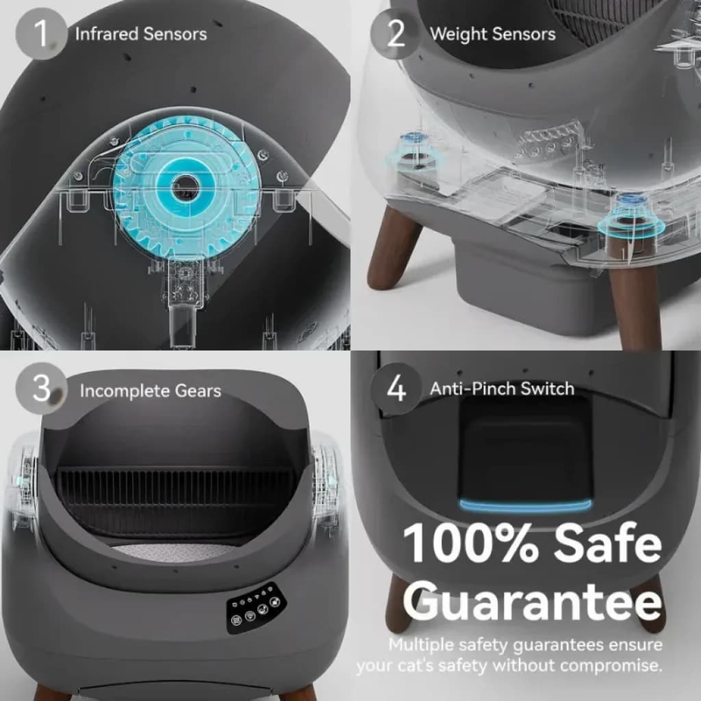 Catlink Open-X Blanco con tapa abierta y WiFi: arenero autolimpiable con sensores infrarrojos y de peso, interruptor antipellizcos y patas de madera