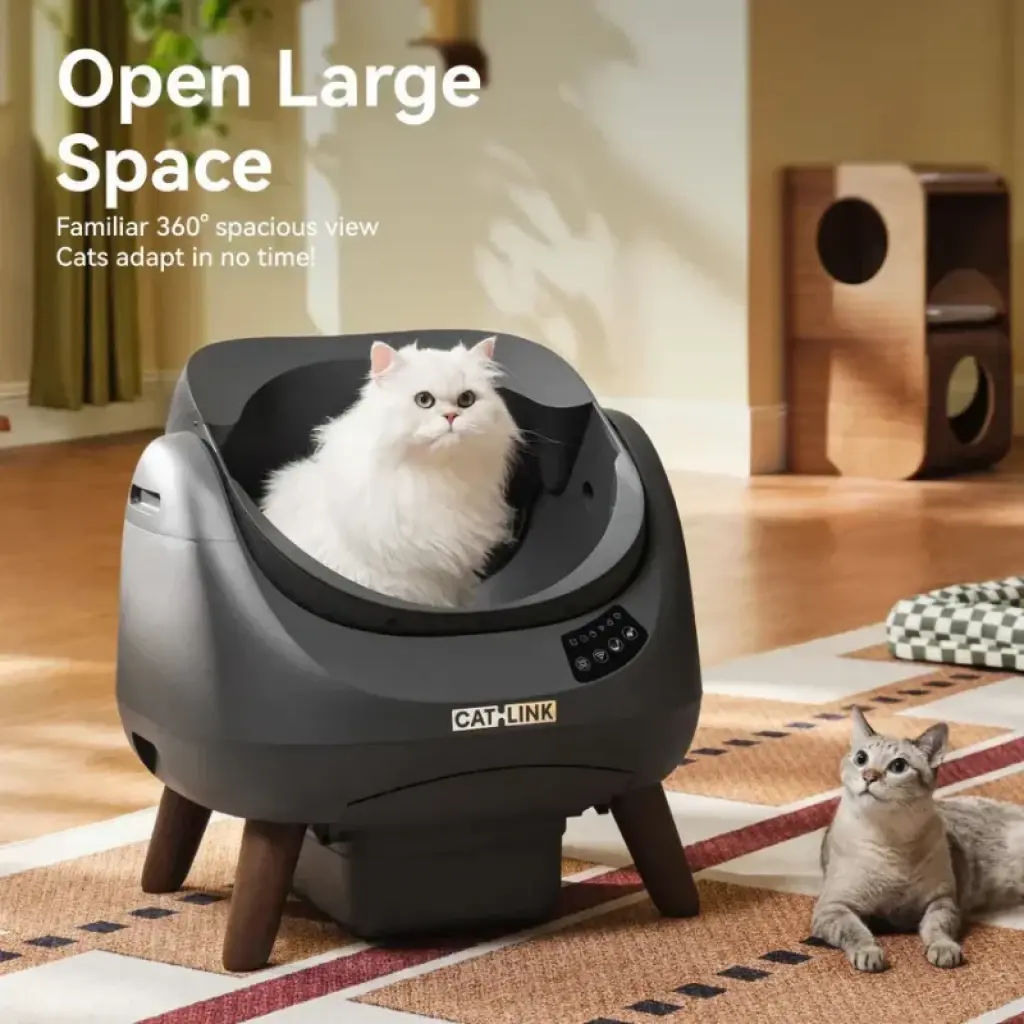 Catlink Open-X Gris Con Tapa Abierta WiFi arenero autolimpiable gris oscuro con tambor abierto, panel de control, patas de madera y diseño espacioso 360°