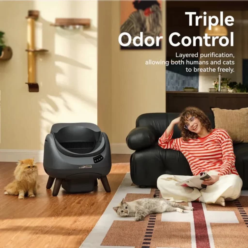 Arenero autolimpiable gris con tapa abierta y control WiFi; diseño moderno, pantalla lateral, base elevada y entrada amplia para gatos