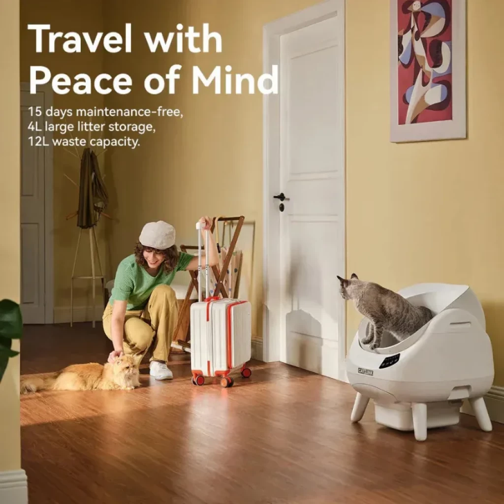 Bac à litière autonettoyant gris avec couvercle ouvert, base surélevée avec pieds en bois, panneau de contrôle latéral et tiroir collecteur ; chat assis à l'intérieur - Ítem4