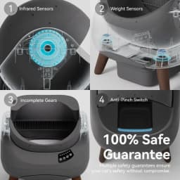 Catlink Open-X Gris con tapa abierta y WiFi: arenero autolimpiable con sensores infrarrojos y de peso, sistema antiatrapamiento y base con patas de madera