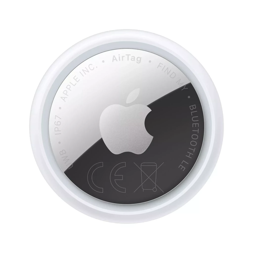Apple AirTag 2nd Gen con diseño circular blanco y plata, logo de Apple al centro, borde con inscripciones IP67, Bluetooth LE y UWB para localización precisa - Ítem