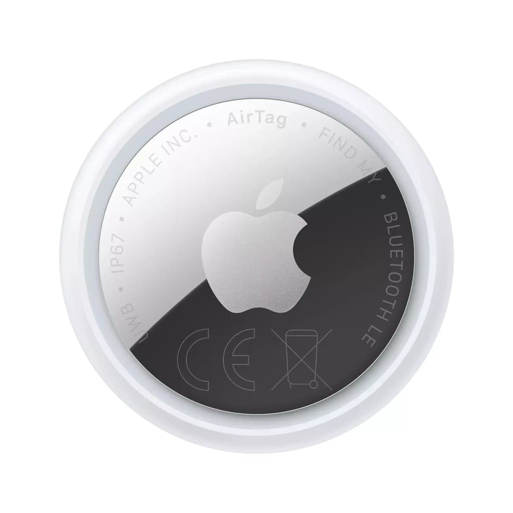 Apple AirTag 2e génération rond argent et blanc, logo Apple centré, bord blanc, gravures AirTag Find My Bluetooth LE IP67 sur l anneau métallique