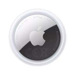 Apple AirTag 2e génération rond argent et blanc, logo Apple centré, bord blanc, gravures AirTag Find My Bluetooth LE IP67 sur l anneau métallique
