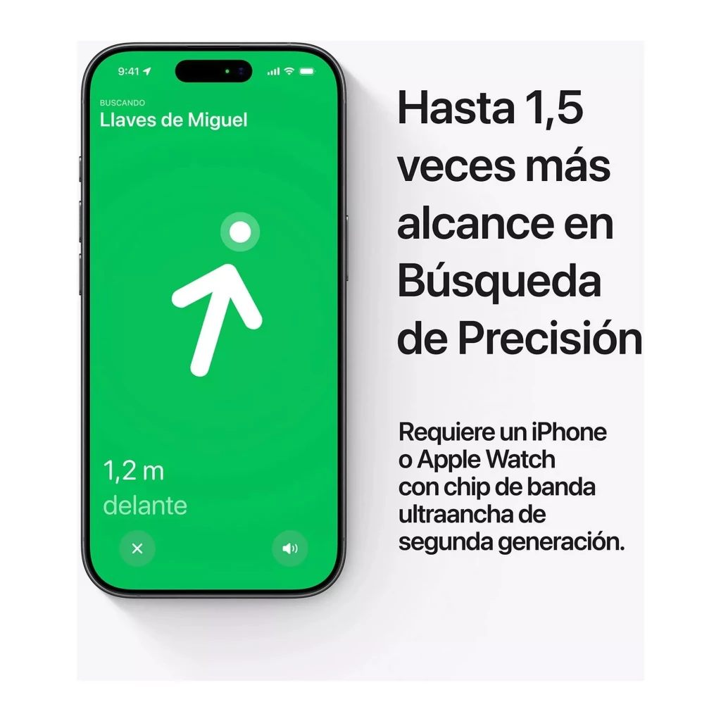 Apple AirTag 2nd Gen con diseño circular blanco y plata, logo de Apple al centro, borde con inscripciones IP67, Bluetooth LE y UWB para localización precisa - Ítem3