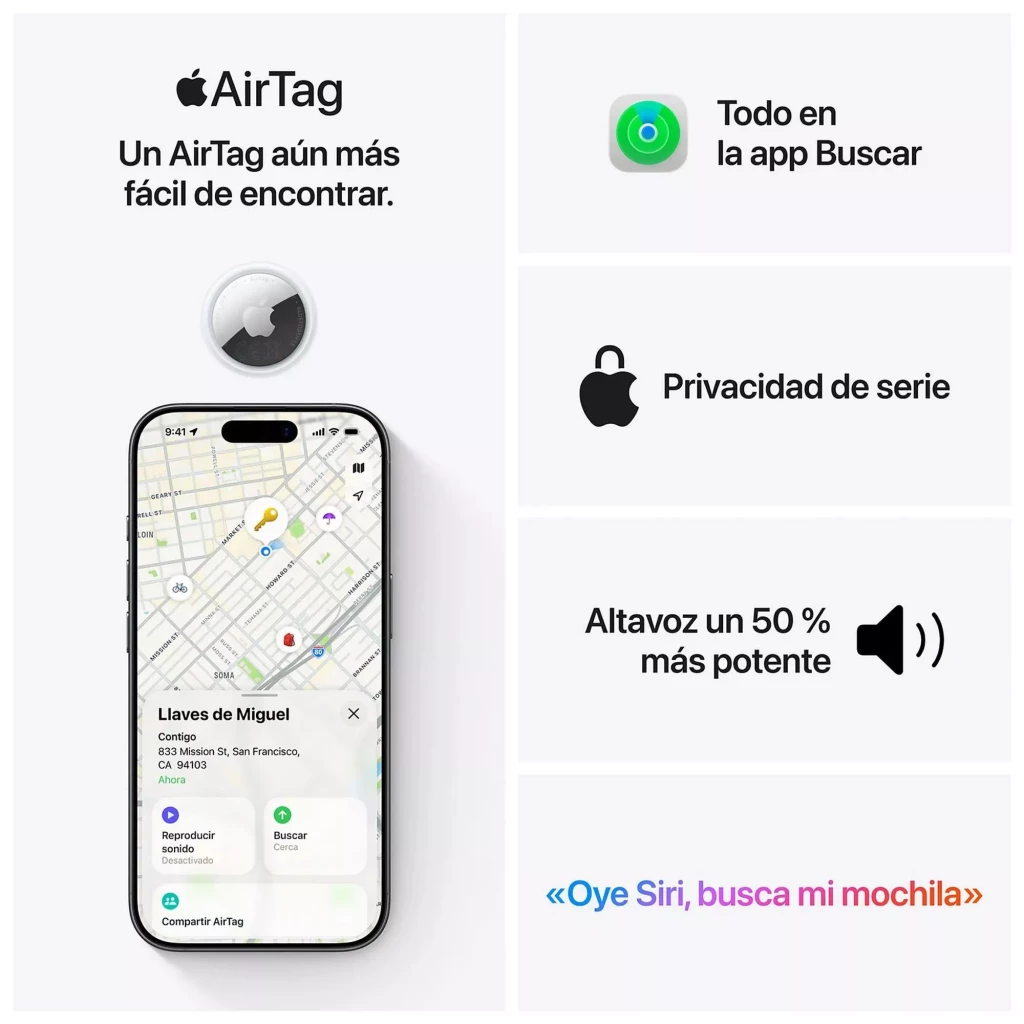 Apple AirTag 2nd Gen con diseño circular blanco y plata, logo de Apple al centro, borde con inscripciones IP67, Bluetooth LE y UWB para localización precisa - Ítem4