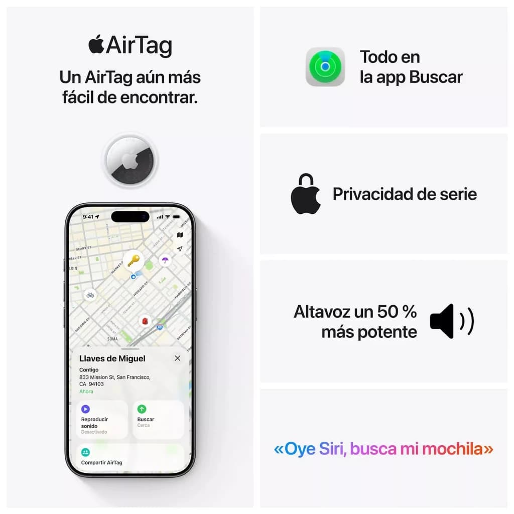 Apple AirTag 2e génération blanc rond avec logo Apple, montré avec iPhone affichant la carte Localiser, haut-parleur plus puissant et confidentialité