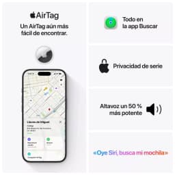 Apple AirTag 2e génération blanc rond avec logo Apple, montré avec iPhone affichant la carte Localiser, haut-parleur plus puissant et confidentialité