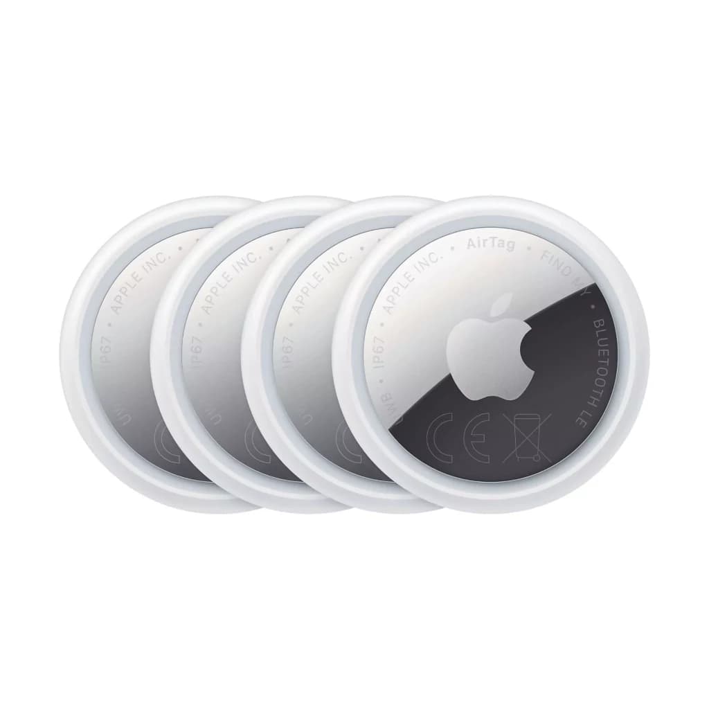 Apple AirTag 2e génération, pack de 4: pastilles rondes blanches à dos argenté avec logo Apple, compactes et fines, bords lisses, design minimaliste