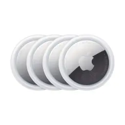 Apple AirTag 2e génération, pack de 4: pastilles rondes blanches à dos argenté avec logo Apple, compactes et fines, bords lisses, design minimaliste