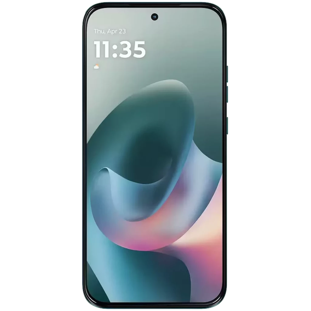 Motorola Moto G77 Shaded Spruce con triple cámara trasera destacada, pantalla AMOLED casi sin bordes, perforación central y acabado mate elegante - Ítem1