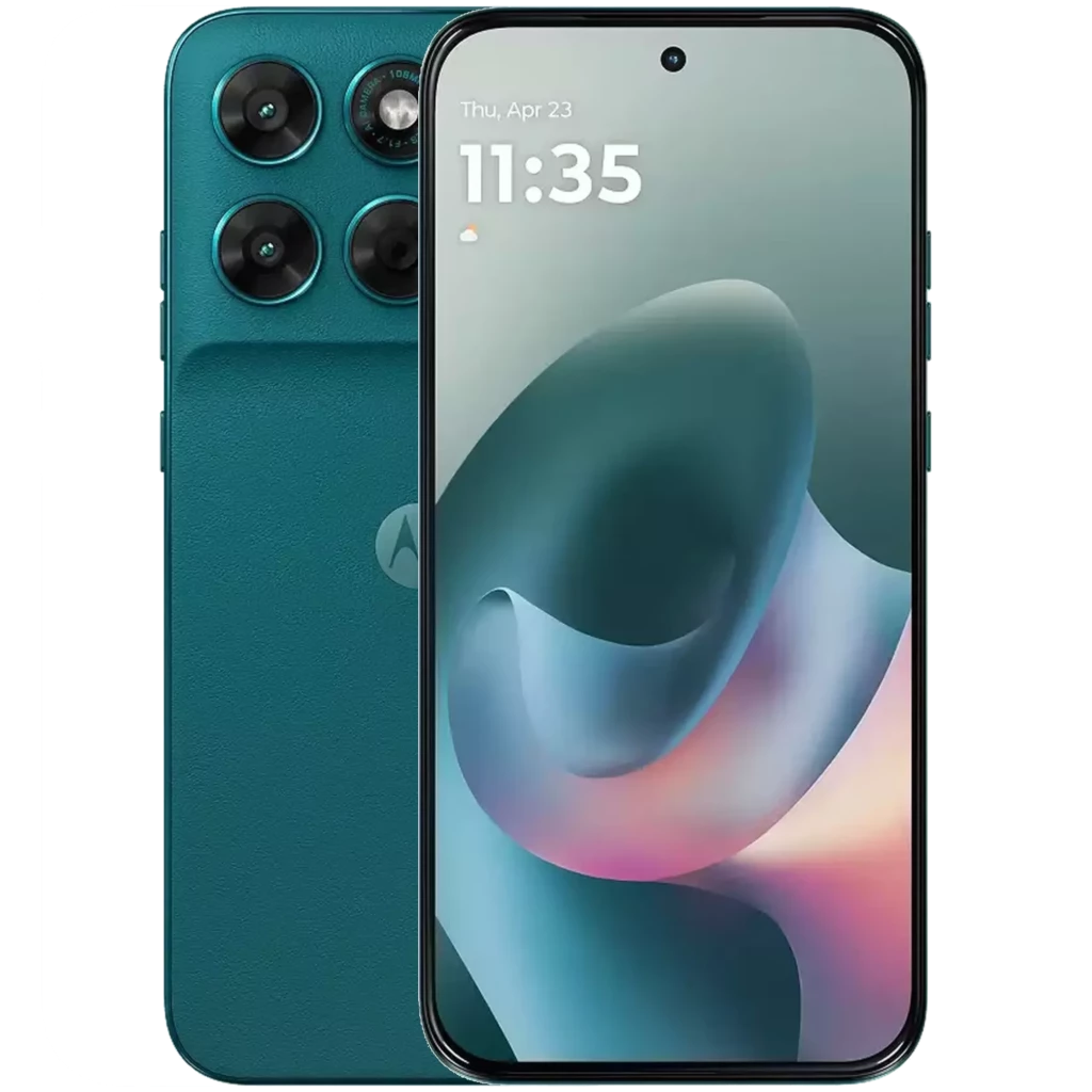 Motorola Moto G77 Shaded Spruce con triple cámara trasera destacada, pantalla AMOLED casi sin bordes, perforación central y acabado mate elegante - Ítem
