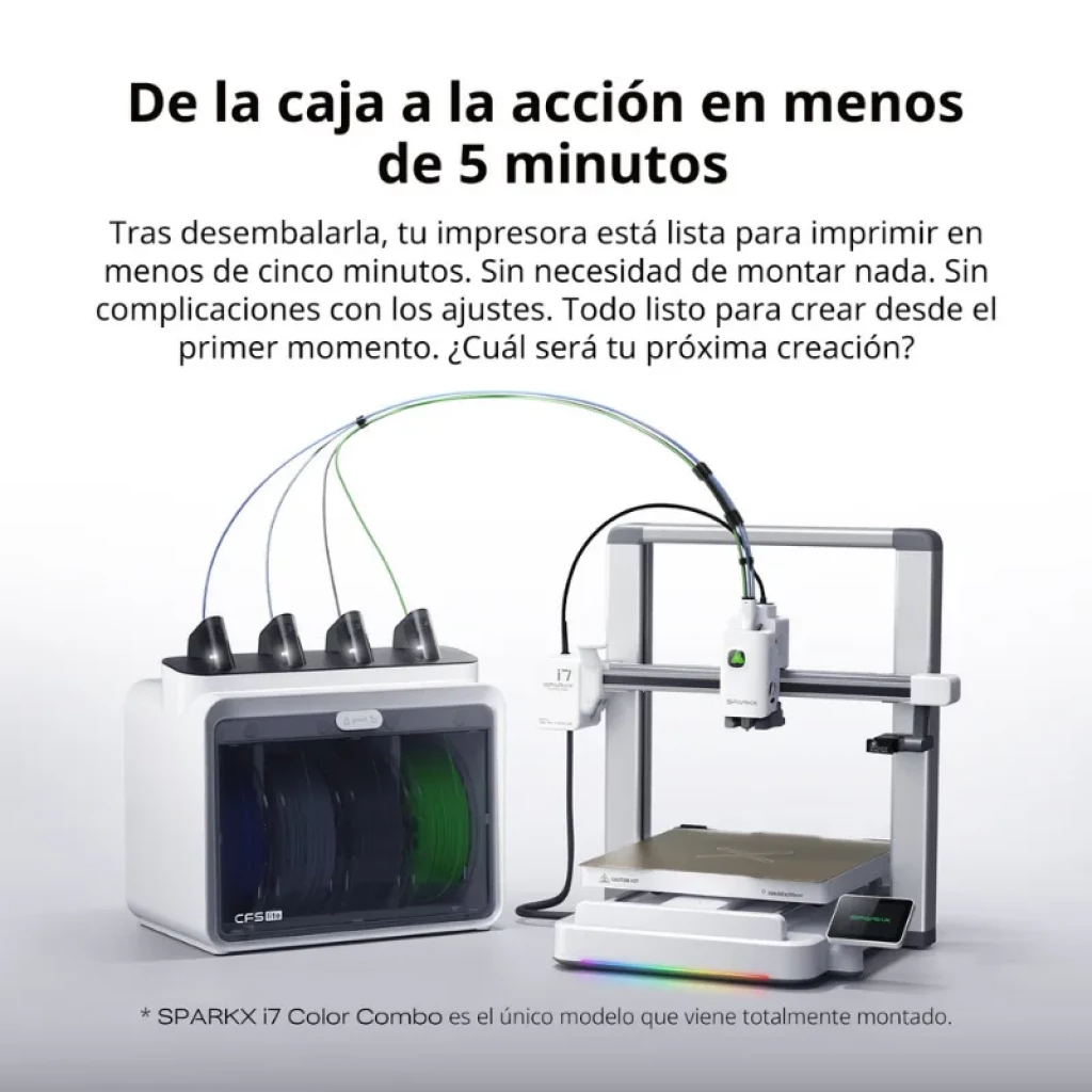 Módulo SPARKX i7 con 4 filamentos visibles y tubos Bowden hacia impresora 3D; cambio automático de color, chasis metálico, cama con base rígida y pantalla - Ítem1
