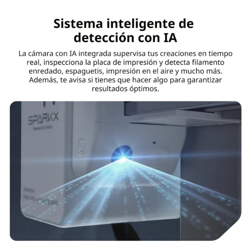 Módulo SPARKX i7 con 4 filamentos visibles y tubos Bowden hacia impresora 3D; cambio automático de color, chasis metálico, cama con base rígida y pantalla - Ítem3