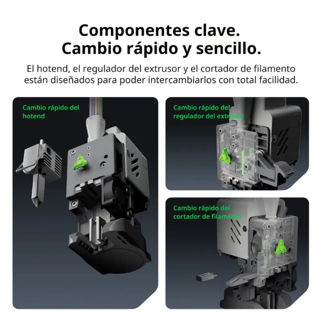 Módulo SPARKX i7 con 4 filamentos visibles y tubos Bowden hacia impresora 3D; cambio automático de color, chasis metálico, cama con base rígida y pantalla - Ítem7