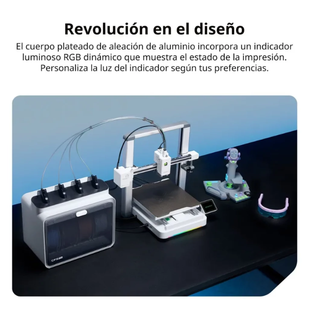 Módulo SPARKX i7 con 4 filamentos visibles y tubos Bowden hacia impresora 3D; cambio automático de color, chasis metálico, cama con base rígida y pantalla - Ítem8