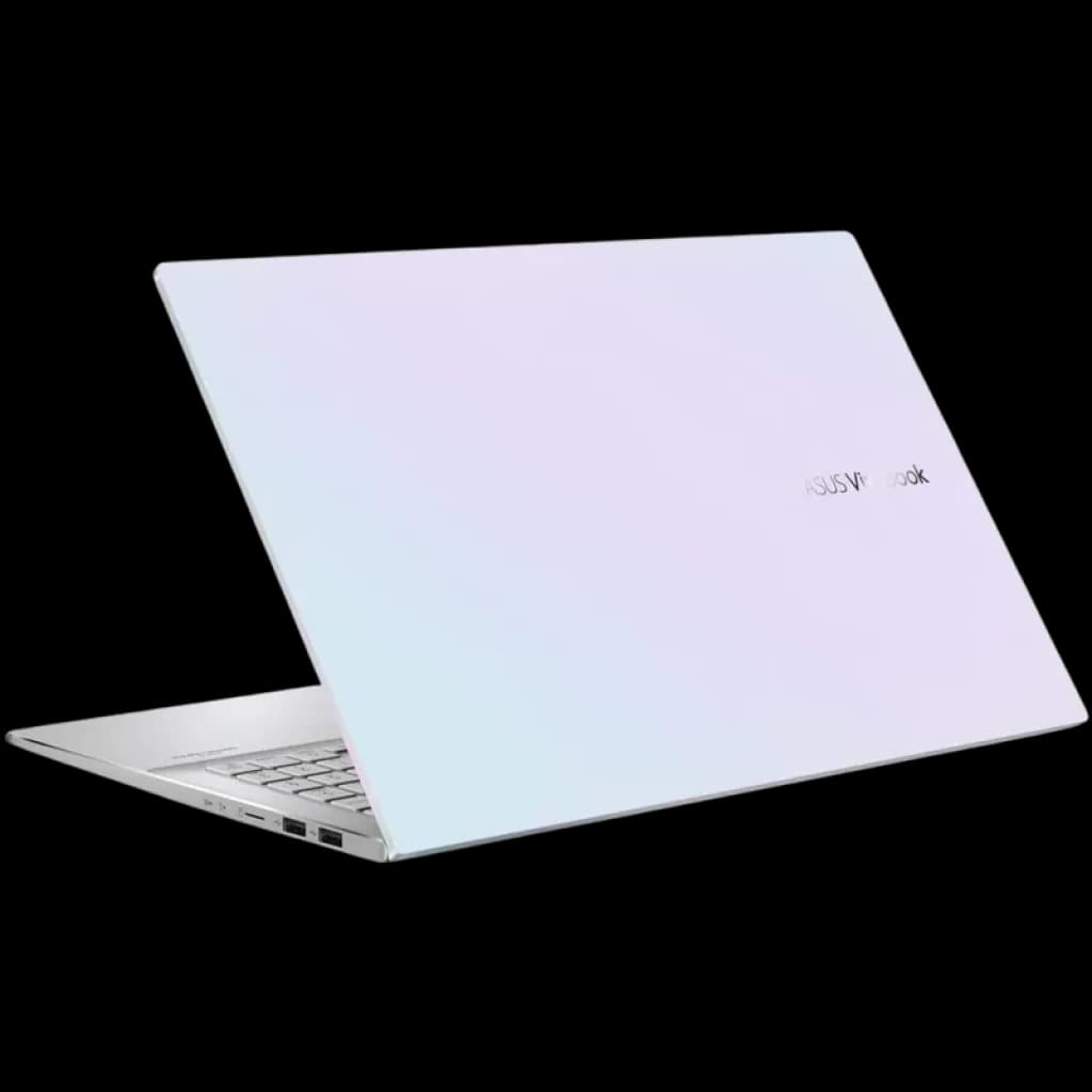 Portátil Asus VivoBook S15 plateado con tapa en degradado nacarado, logo lateral, diseño delgado y bisagra amplia. Teclado claro y chasis metálico.