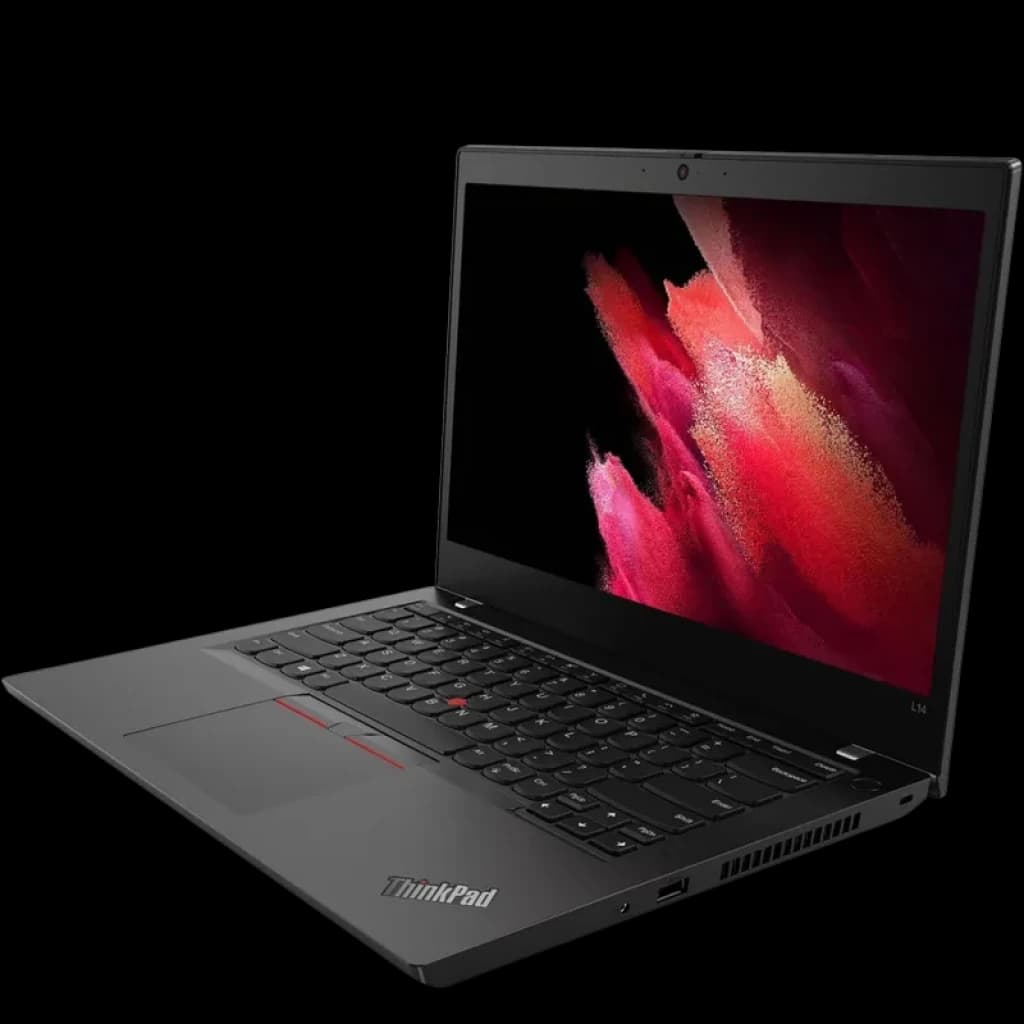 Notebook Lenovo ThinkPad L14 Gen 1 14 pol preto, tela antirreflexo, teclado QWERTZ com TrackPoint vermelho, webcam central, portas laterais visíveis