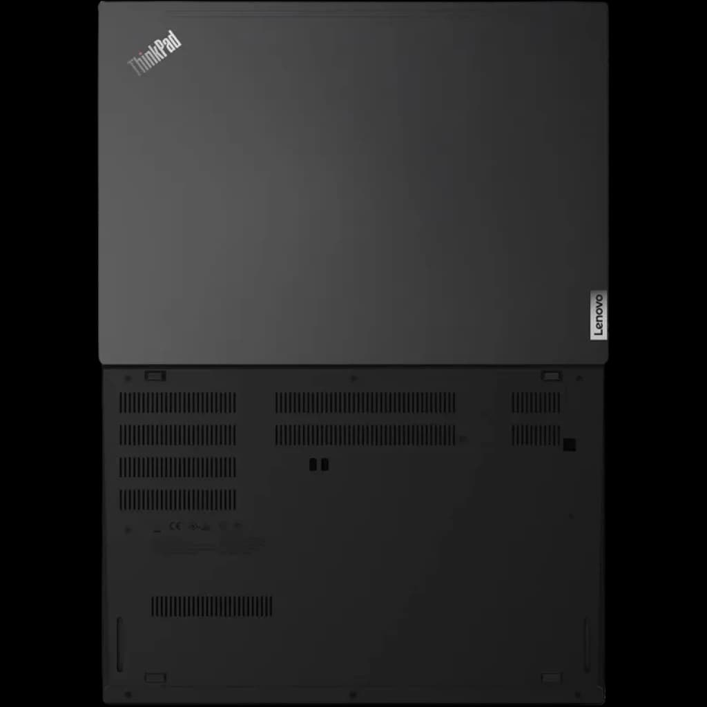 Tampa e base do Lenovo ThinkPad L14 Gen 1 em preto fosco, logotipos ThinkPad e Lenovo, múltiplas grelhas de ventilação e parafusos visíveis, aspecto robusto