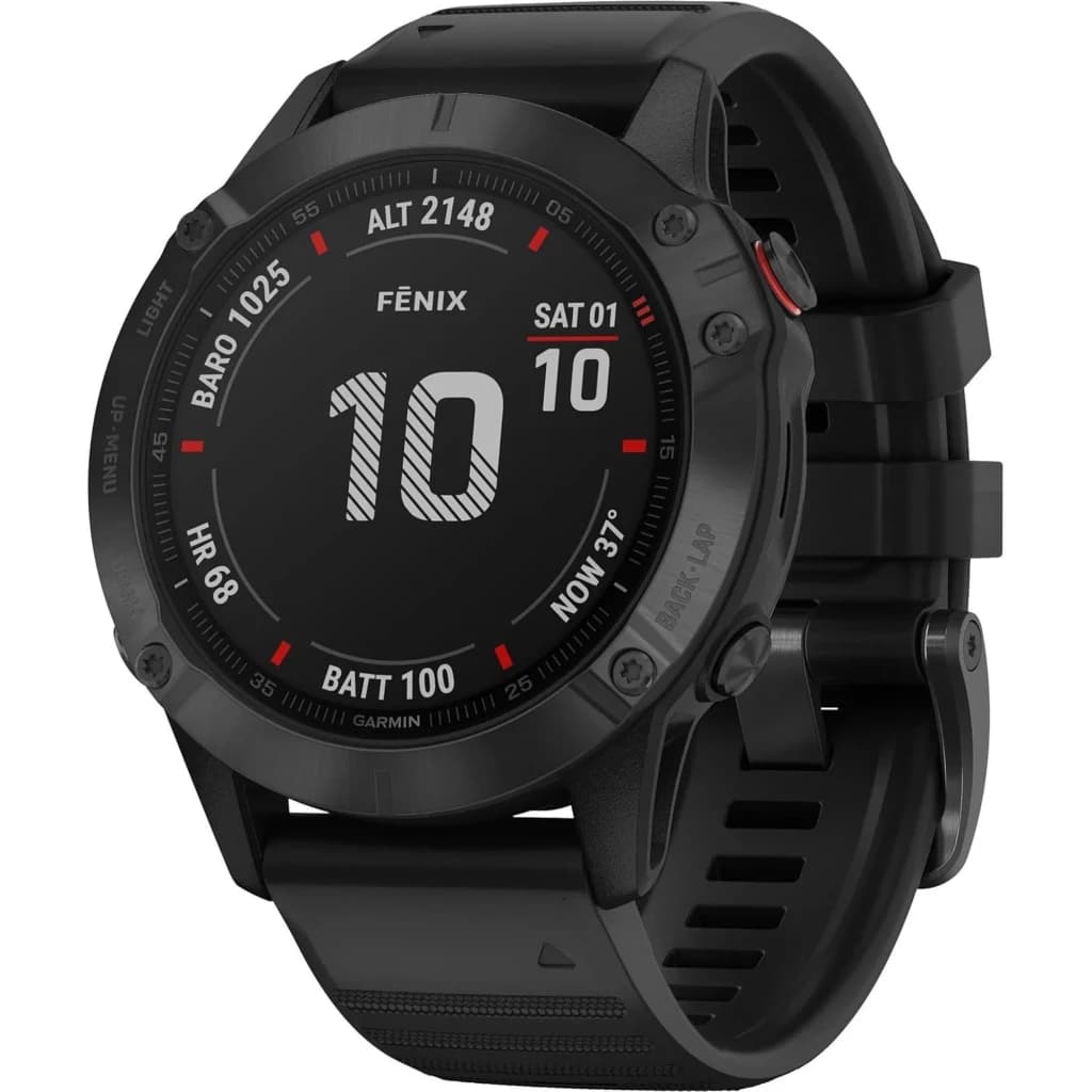 Garmin Fénix 6 Pro 47mm negro renovado: caja robusta, bisel metálico, pantalla legible con métricas, botones laterales, correa de silicona ajustable