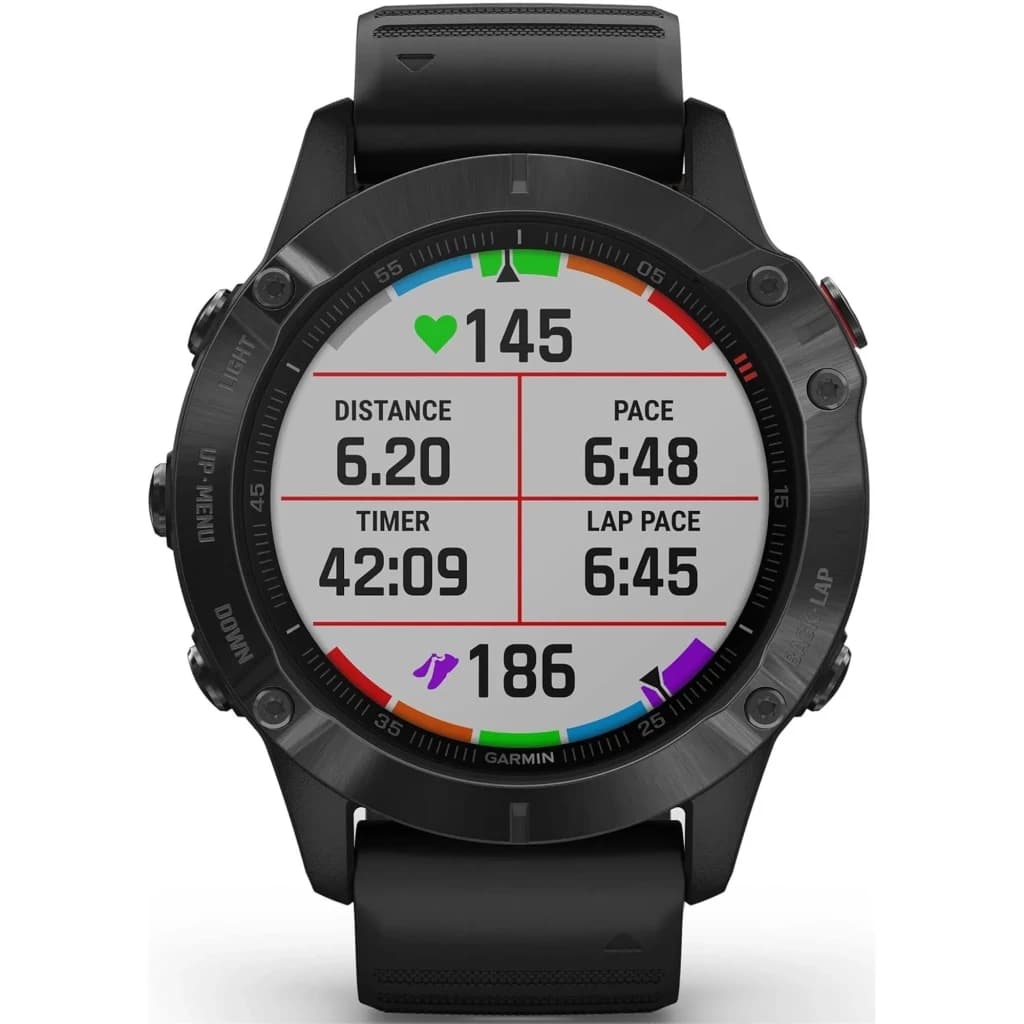 Garmin Fénix 6 Pro 47mm negro, bisel robusto, correa de silicona, pantalla a color con métricas deportivas: ritmo, distancia, pulsaciones y tiempo