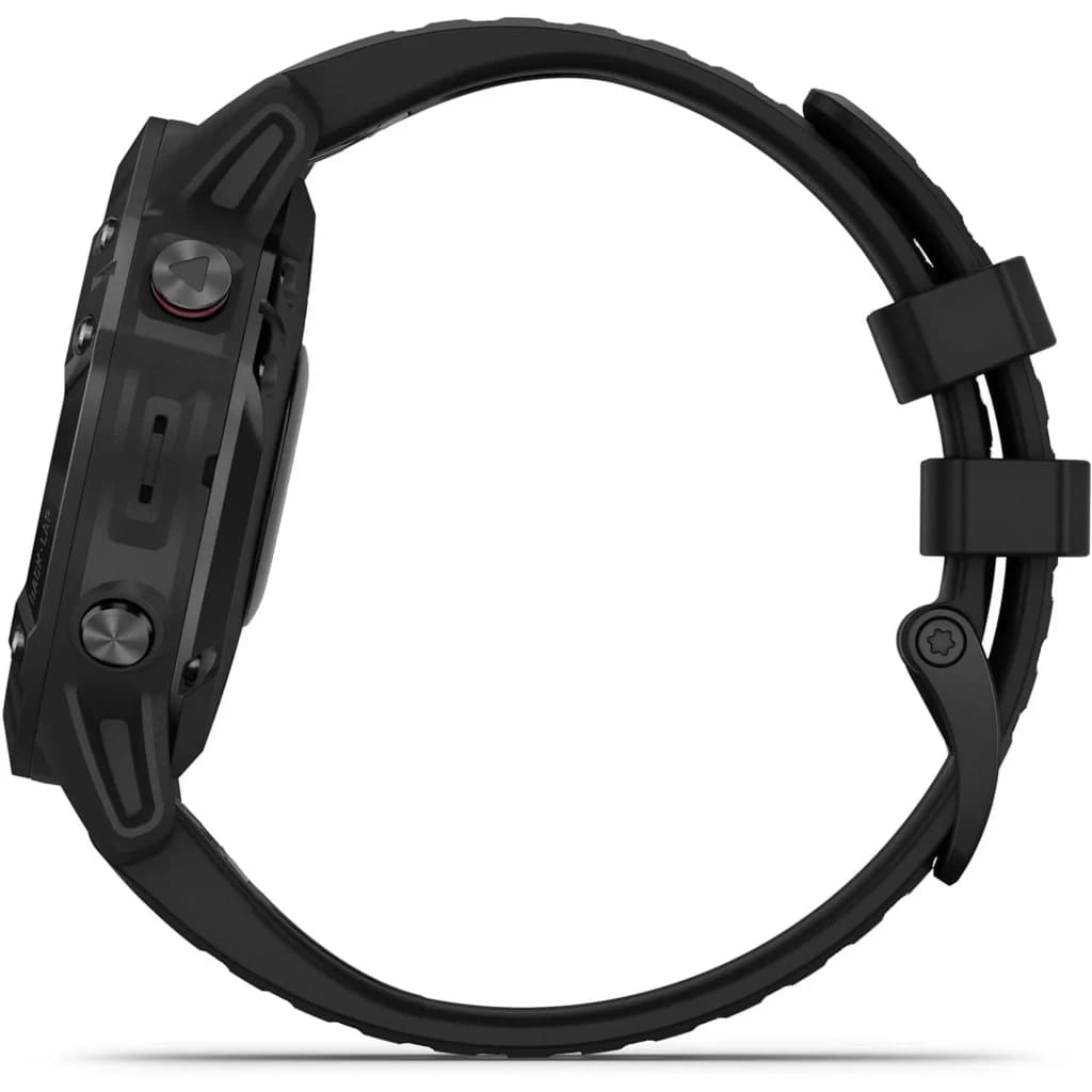 Reloj inteligente Garmin Fénix 6 Pro 47 mm negro, caja robusta con botones metálicos, correa de silicona con doble pasador y bisel texturizado premium